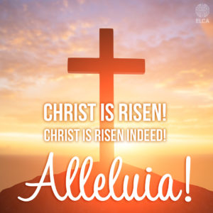 Image of sunrise with a cross on a hill. Overlay of text "CHRIST IS RISEN, CHRIST IS RISEN INDEED ALLELUIA!"