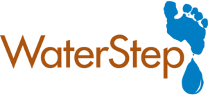 The word WaterStep with a blue foot print next to the letter p.